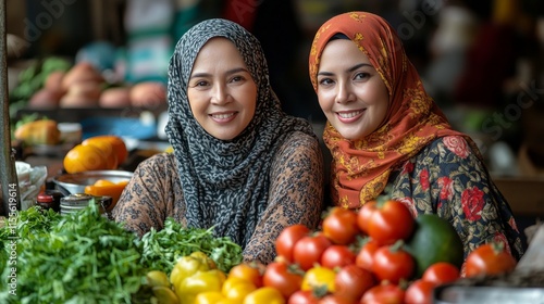 Two women smiling at a vibrant market stall filled with fresh vegetables and ...