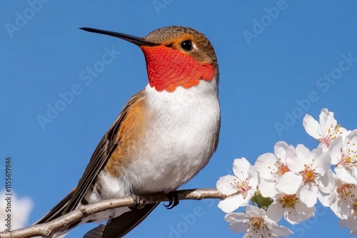 A hummingbird resting momentarily on a branch surrounded by blooming cherry blossoms
