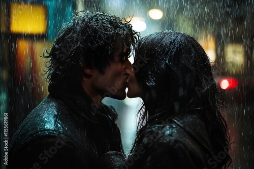 Couple embraces in snowfall amidst autumn leaves in a serene forest setting