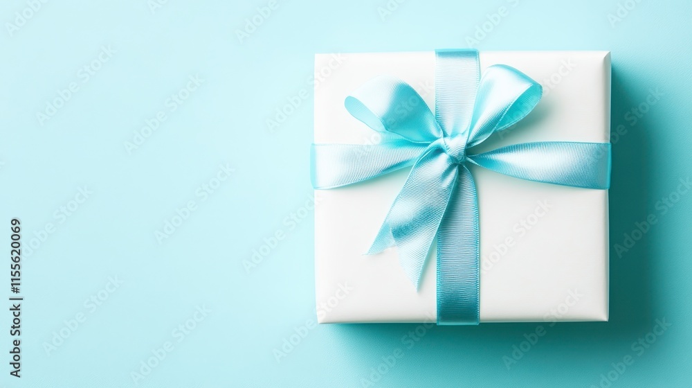 White gift box with light blue ribbon bow on a light blue background. White gift box with light blue ribbon bow on a light blue background.