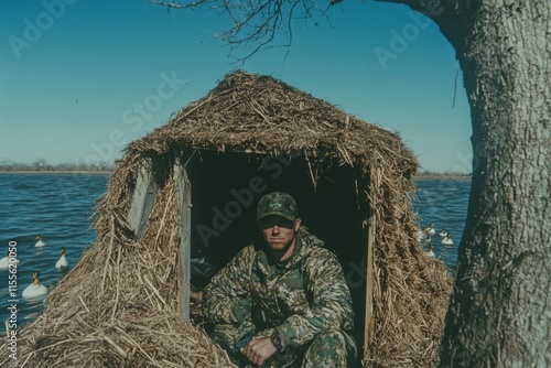 A hunter crouching in a duck blind with decoys floating in the water nearby, ready for waterfowl hunting photo