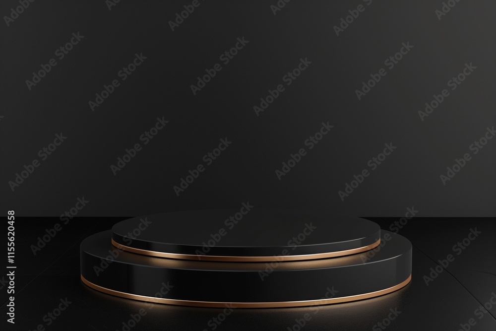 Realistic 3D rendering of black background featuring sophisticated product podium stand. Realistic 3D rendering of black background featuring sophisticated product podium stand.