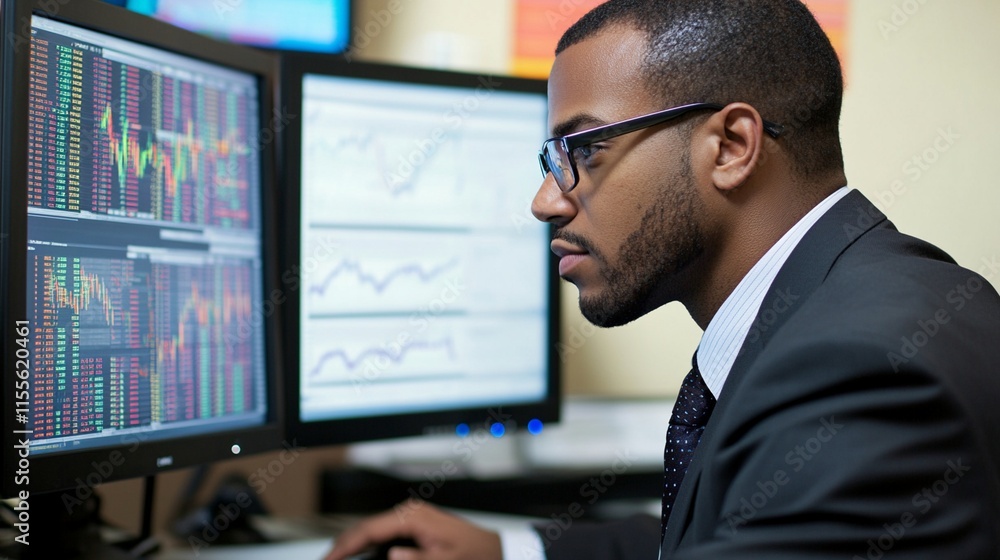 Professional stock trader analyzing financial market data on multiple monitors, wearing business suit and glasses while making investment decisions in office setting Professional stock trader analyzing financial market data on multiple monitors, wearing business suit and glasses while making investment decisions in office setting