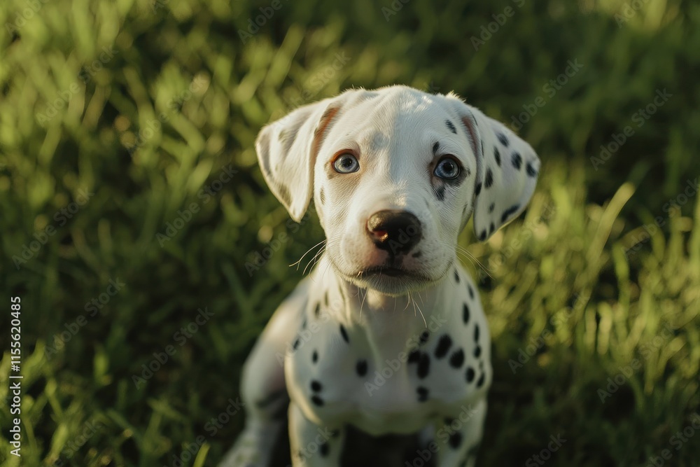 Adorable Dalmatian puppy with heterochromia iridis sitting in the grass.