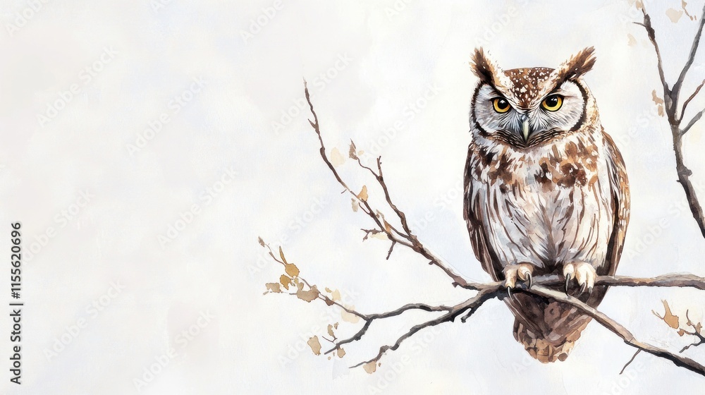 Obraz premium Majestic owl perched on a tree branch against a soft, light background.