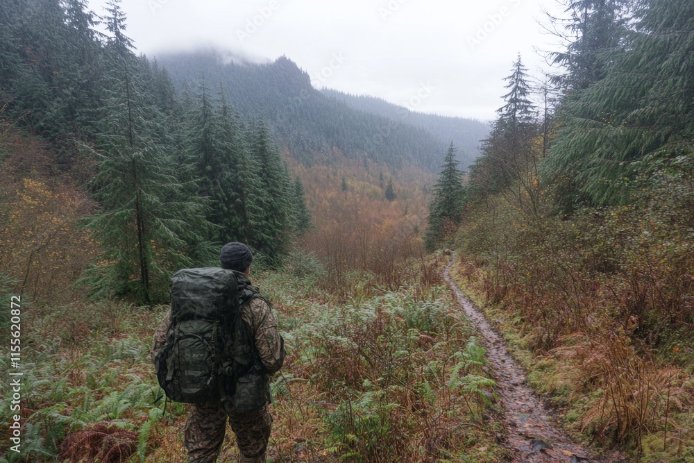 A hunter using a game call in a forested area, hoping to lure a deer out of hiding A hunter using a game call in a forested area, hoping to lure a deer out of hiding