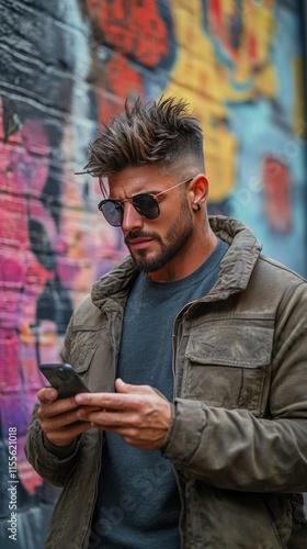 Young man using smartphone in a city street during twilight hours surrounded ...
