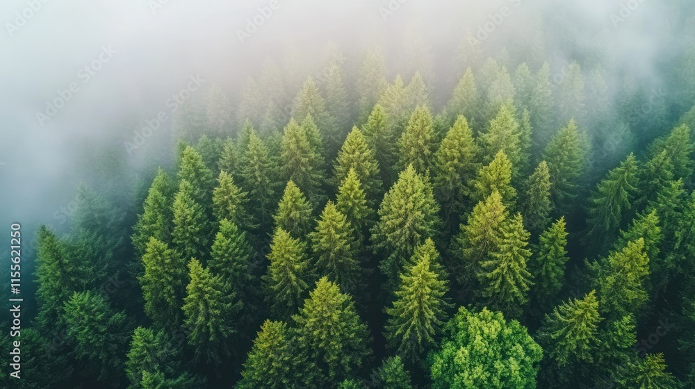 Aerial view of lush green coniferous forest shrouded in morning mist. Aerial view of lush green coniferous forest shrouded in morning mist.
