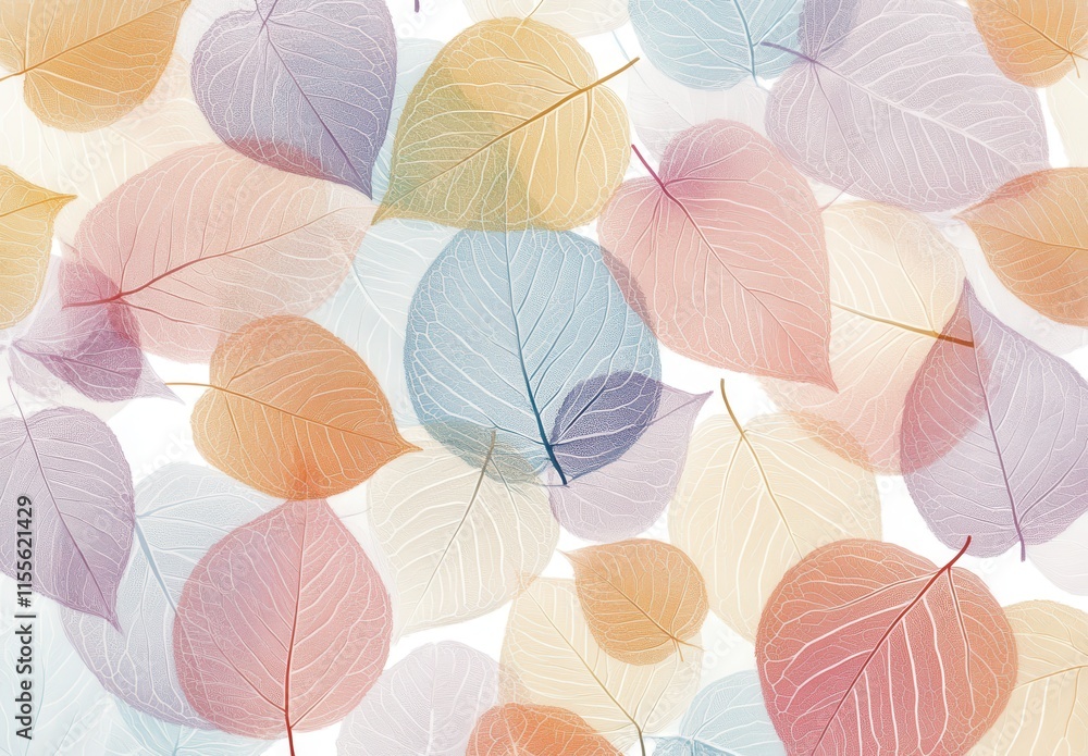Obraz premium Delicate and Colorful Leaves in Soft Pastel Shades Creating a Gentle, Dreamy Background Perfect for Nature and Seasonal Designs