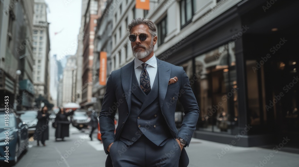 Confident man wearing a tailored grey suit with a tie and sunglasses, standing outdoors in bright sunlight against a wall Confident man wearing a tailored grey suit with a tie and sunglasses, standing outdoors in bright sunlight against a wall
