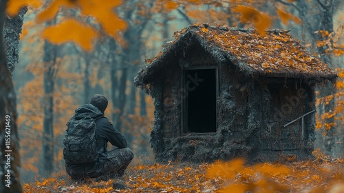 Exploring an abandoned woodland cabin surrounded by autumn foliage in a tranq...