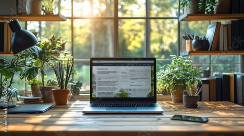 Cozy workspace with laptop and greenery in a sunlit room during the golden hour