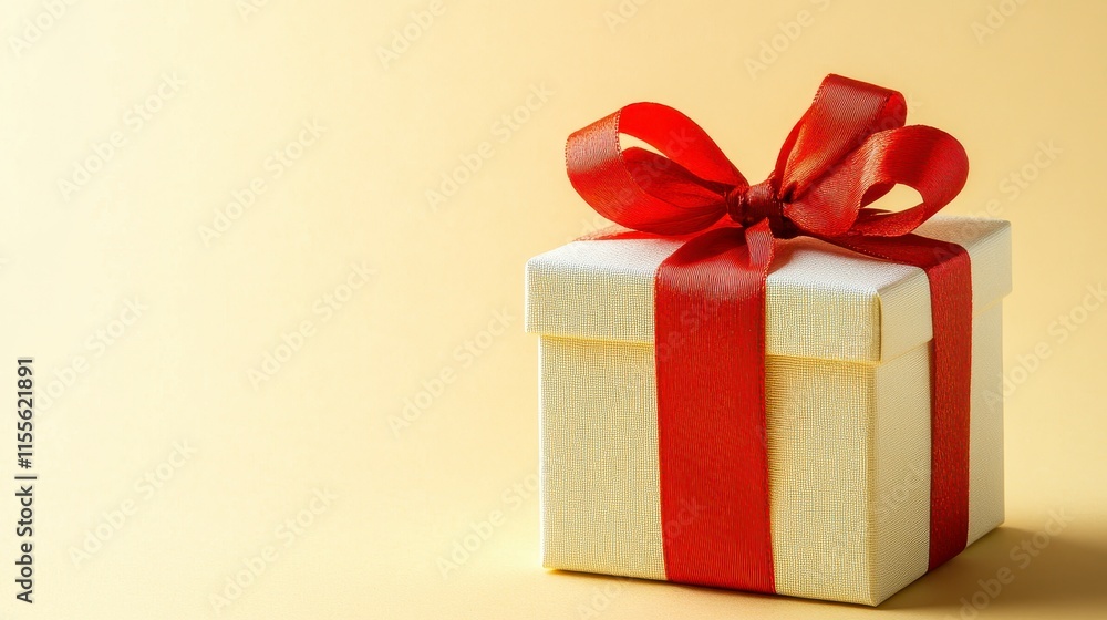 White gift box with red ribbon bow on beige background. White gift box with red ribbon bow on beige background.