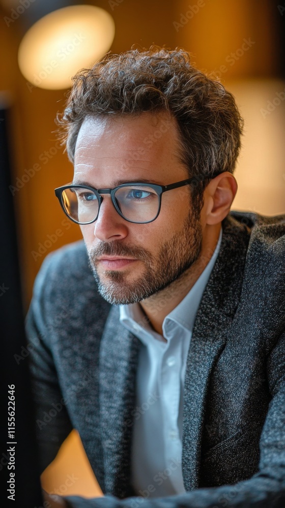 Obraz premium Focused young man wearing glasses working on a computer in a contemporary office environment