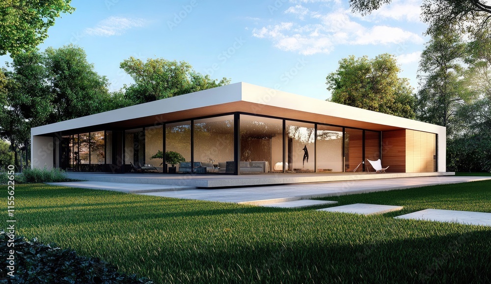 A modern minimalist house with a flat roof, wooden cladding, and green grass in the yard A modern minimalist house with a flat roof, wooden cladding, and green grass in the yard