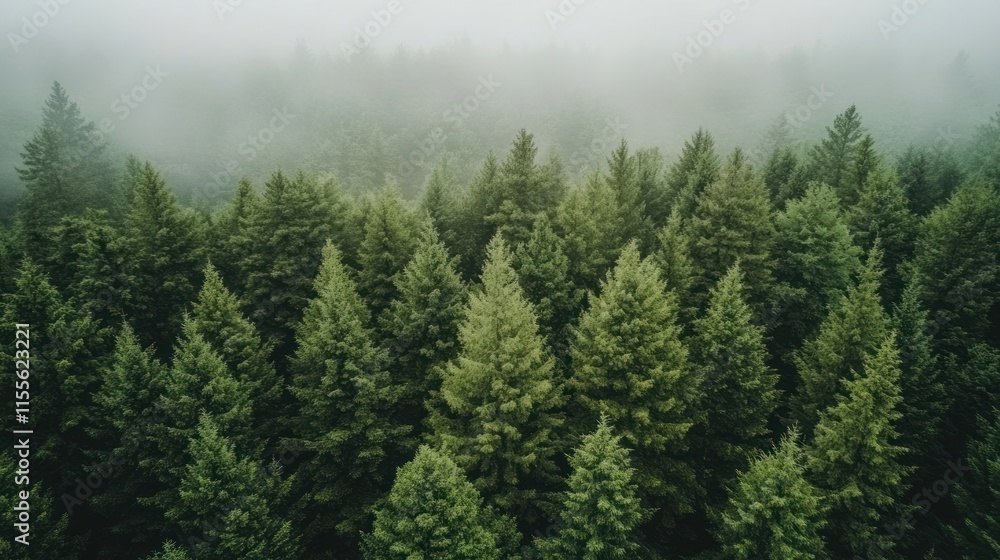 Fototapeta premium Misty evergreen forest, aerial view.