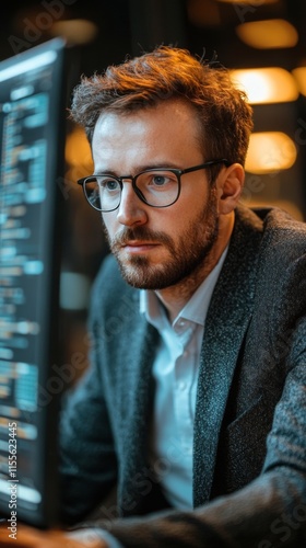 Focused young man wearing glasses working on a computer in a contemporary off...