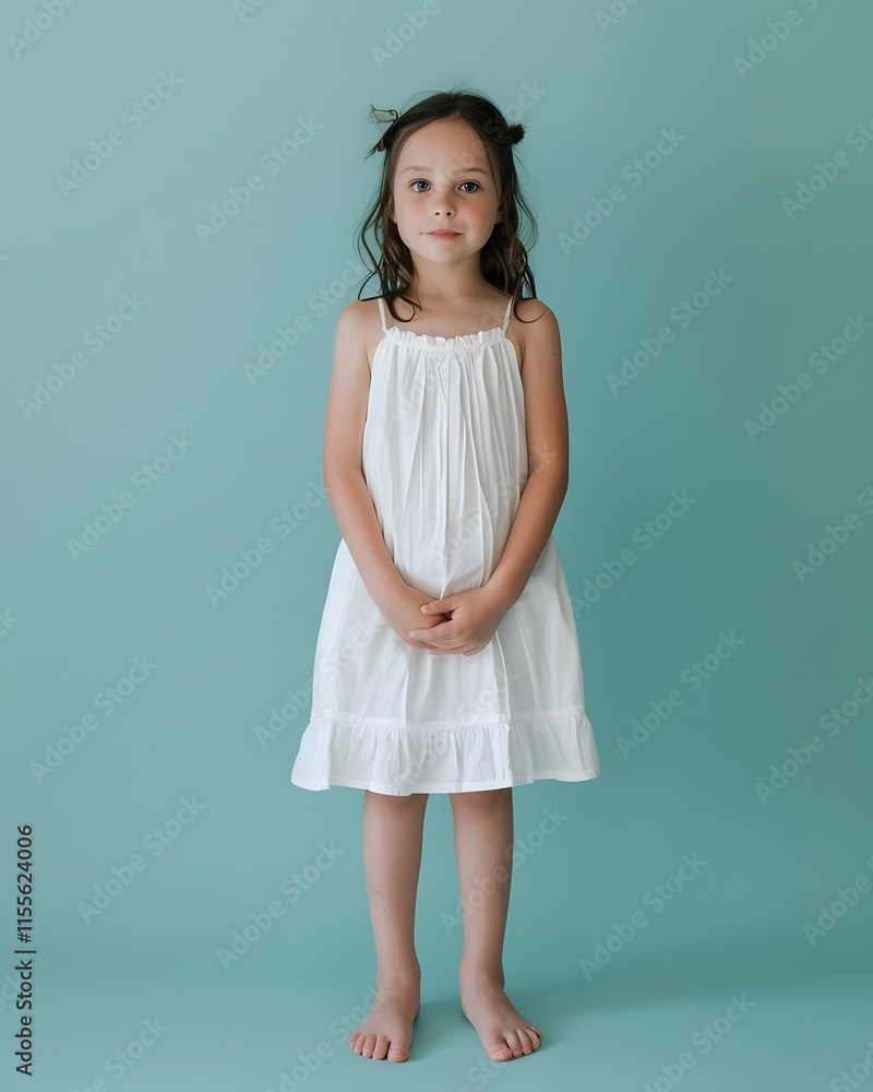 Young Girl in White Dress Posing Against Solid Aqua Background Young Girl in White Dress Posing Against Solid Aqua Background