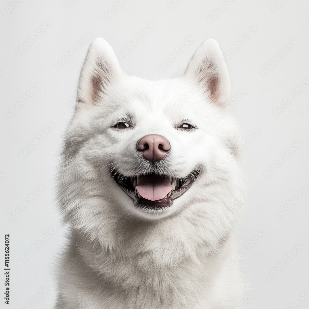 Happy white husky with bright smile against plain background Happy white husky with bright smile against plain background