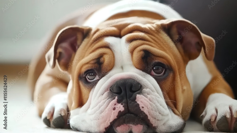Fototapeta premium Close-up of a sad-looking English bulldog lying down.