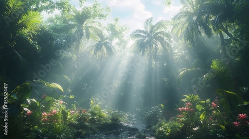 Lush rainforest with sunlight filtering through trees during early morning hours