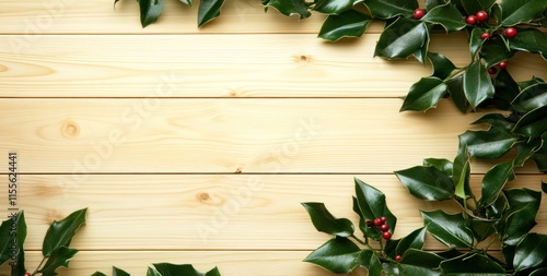 Holly leaves and berries frame on light wood.