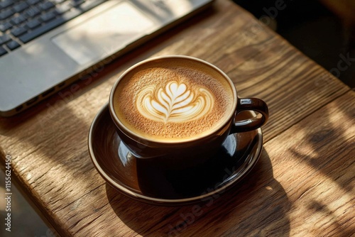 Warm coffee cup resting on rustic wooden table near window on sunny day