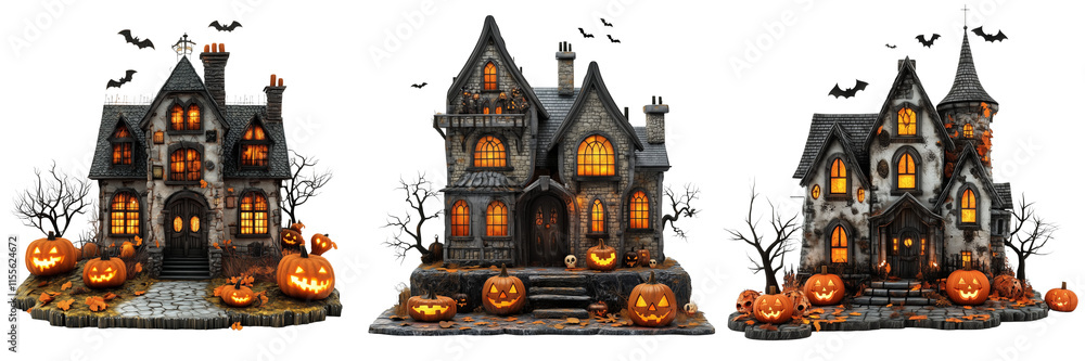 Set of A cozy front porch decorated for Halloween with an array of carved pumpkins on transparent png background Set of A cozy front porch decorated for Halloween with an array of carved pumpkins on transparent png background