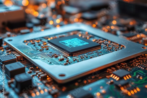 Close-up view of a computer chip on a circuit board with glowing LEDs in a te...