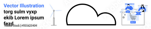 Wind turbine beside text, large black cloud icon, two people at desk with e-commerce symbols. Ideal for renewable energy, cloud computing, teamwork, technology, online shopping, sustainability