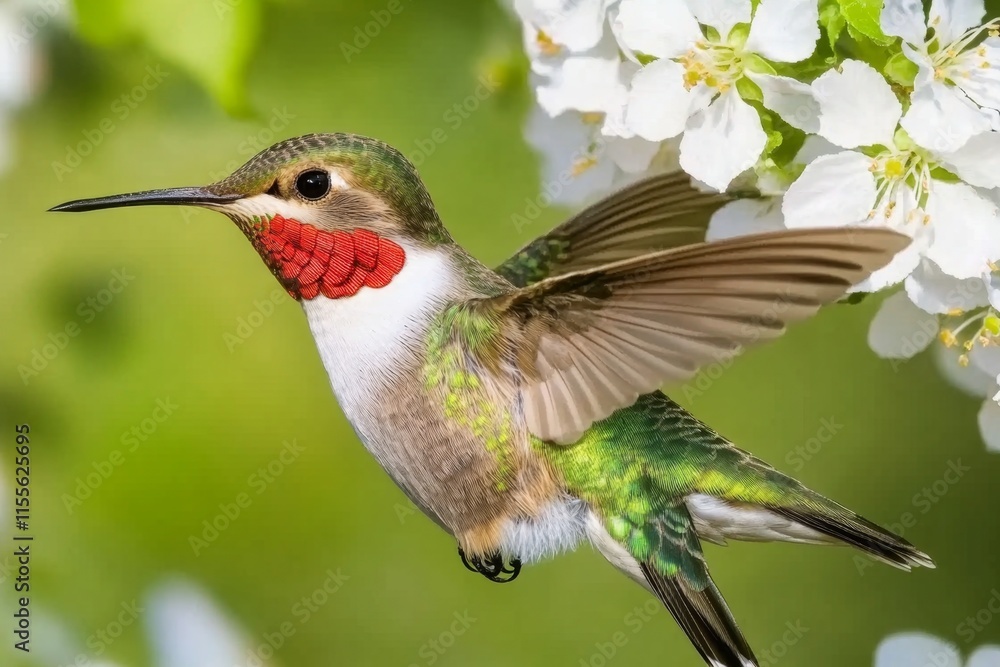 Fototapeta premium A multicolored hummingbird feeding from a cascading flower vine, framed by a bright, sunlit garden