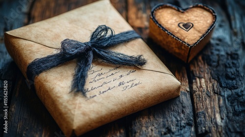 Romantic heart-shaped box and feather quill on vintage letter laid on wooden ...
