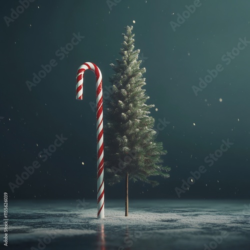 A Giant Candy Cane and a Christmas Tree in a Winter Wonderland photo