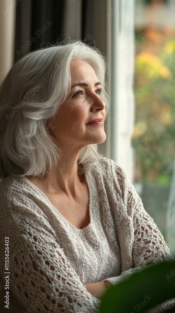 A contemplative senior woman with elegant silver hair gazes thoughtfully through a window, wearing a cozy knit sweater, natural light illuminating her serene expression and peaceful demeanor. A contemplative senior woman with elegant silver hair gazes thoughtfully through a window, wearing a cozy knit sweater, natural light illuminating her serene expression and peaceful demeanor.