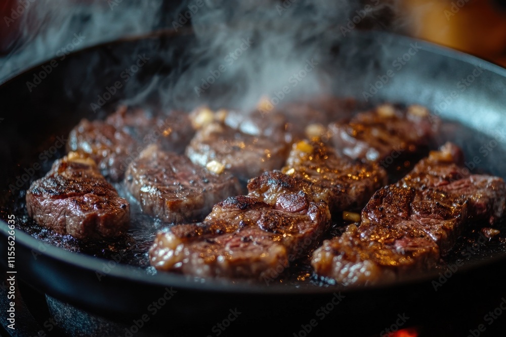Sizzling Steaks Cooking In A Hot Pan With Steam Sizzling Steaks Cooking In A Hot Pan With Steam