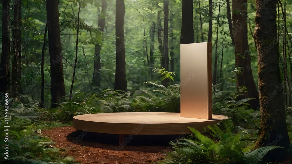 Enchanted Forest Display Podium Amidst Lush Greenery and Sunlight. 3D rendering. Enchanted Forest Display Podium Amidst Lush Greenery and Sunlight. 3D rendering.