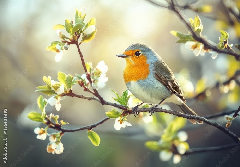 a European robin perched on the branch of a tree, with green leaves and fresh new buds in spring against a blurred background. a European robin perched on the branch of a tree, with green leaves and fresh new buds in spring against a blurred background.