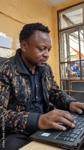 Focused man wears glasses while working on laptop at home during a quiet afte...