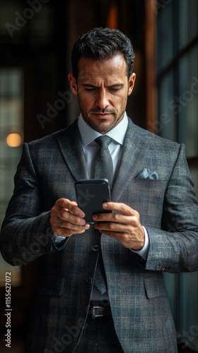 Stylishly dressed man using smartphone in urban setting during daytime