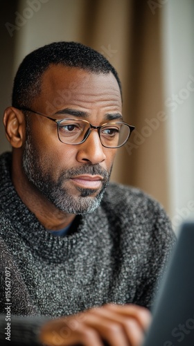 Focused man wears glasses while working on laptop at home during a quiet afte...