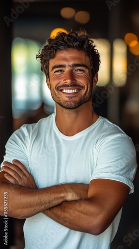 Bright smile of a young man in a casual setting with warm lighting and a welc...