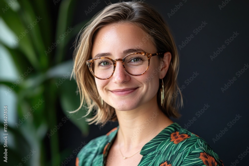 Portrait of a smiling young woman with glasses wearing a green floral shirt. Portrait of a smiling young woman with glasses wearing a green floral shirt.