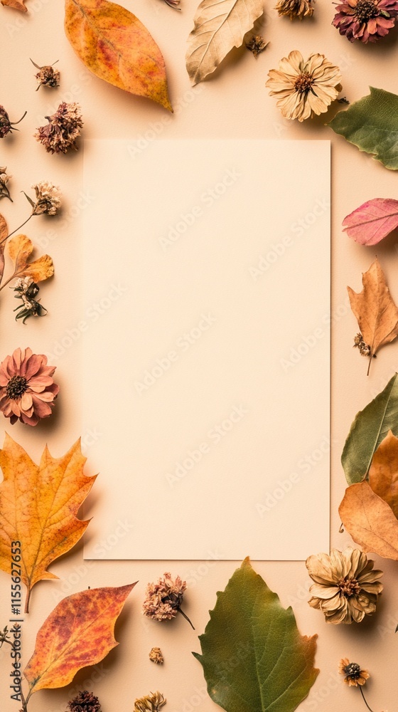 Blank white paper mockup surrounded by autumn dried flowers, colorful fall leaves and pine cones creating natural seasonal frame on warm beige background, top view layout. Blank white paper mockup surrounded by autumn dried flowers, colorful fall leaves and pine cones creating natural seasonal frame on warm beige background, top view layout.