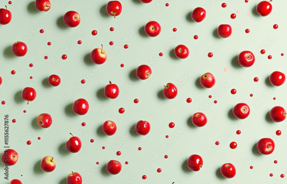 Red apples arranged on a light green background with red dots. Red apples arranged on a light green background with red dots.