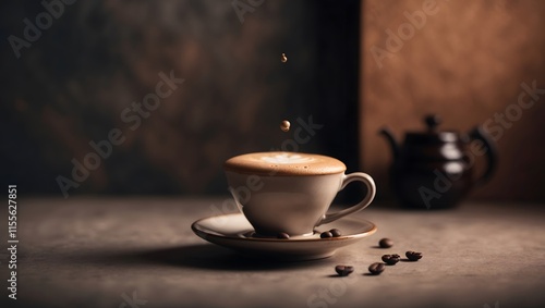 A moody, atmospheric photograph of a solitary Drip coffee, a specialty drink, set against a muted, earthy-toned backdrop, evoking the essence of expertly crafted beverages from skilled baristas, with 
