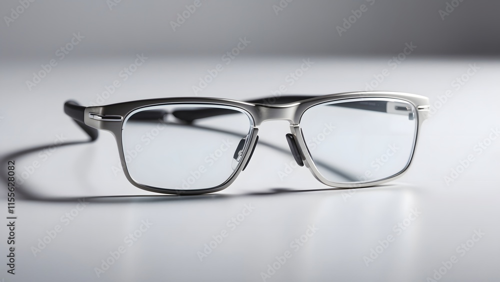 A sleek and modern minimalist photography style capturing a pair of smart glasses, a cutting-edge wearable device, placed centrally on a clean and distraction-free background, with a shallow depth of 