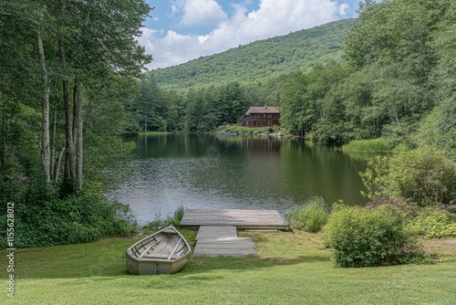 A quaint lake house with a wooden dock, a small rowboat tied up, and a peaceful reflection on the still water photo