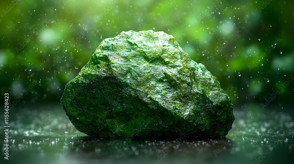 Lush green rock bathed in rain, serene nature scene, perfect for backgrounds or nature-themed projects. Lush green rock bathed in rain, serene nature scene, perfect for backgrounds or nature-themed projects.