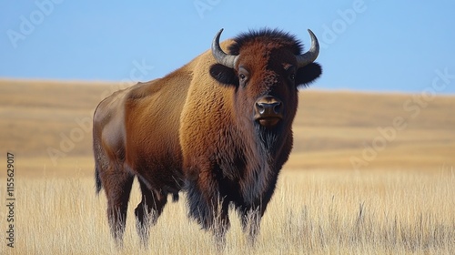Majestic bison standing in tall grass on a plains landscape during daylight h...