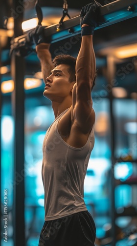 Man performing squat exercise in gym during daylight hours